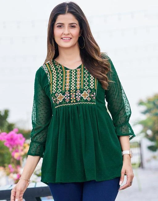  Fit Flare Green Georgette Embroidered Tunic / Pretty Ravishing  Women