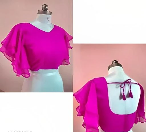 Pink Color V Neck Georgette Readymade Saree Blouse With Ruffle