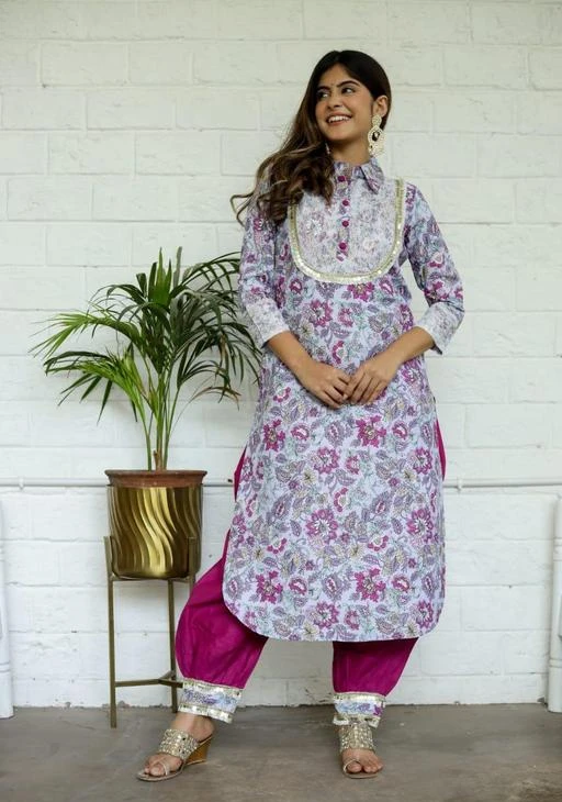 Women's Cotton Febric Printed Straight Kurta and Afghani Pant With