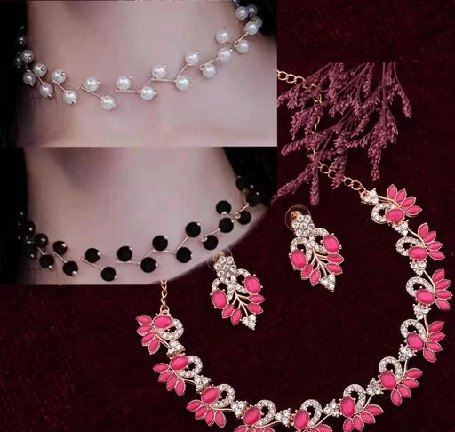 Brado Jewellery Dark Pink Diamond Choker Necklace Jewellery Set for Women  and Girls