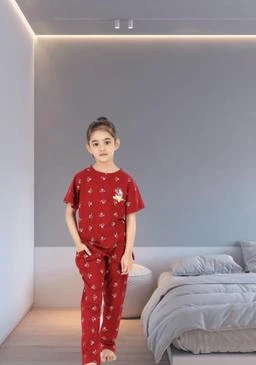 Girl's Cotton Printed Night Suit Night Dress, Sleepwear Night Suit Set of  T Shirt & Pyjama