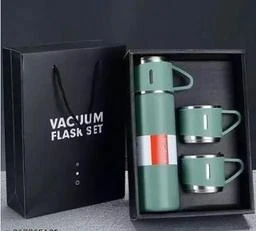 Stainless Steel Vacuum Flask Set with 3 Steel Cups Combo for