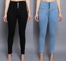 Fashion Solid Denim 5 Button High Waist Rugged Slim Fit Stretchable Ankle  Length Jeans for Women /