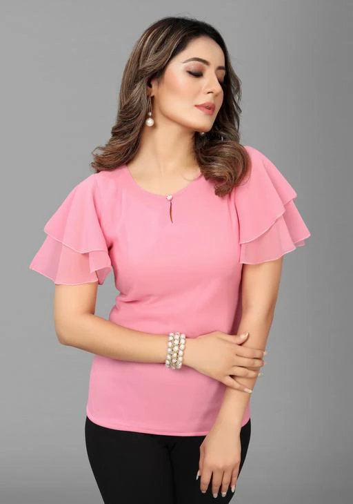  Stylish Pink Georgette Tunic Top With Flared Sleeves For Women  And