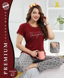 Women's Black red Hosiery Cotton Printed Half Sleeve T Shirt and Pajama  Pants Regular Fit NightSuit