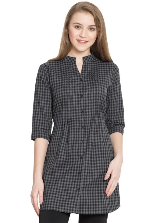 Checkout this latest Tops & Tunics
Product Name: *Hive91 Grey Checkered Tunic for Women made of Cotton*
Fabric: Cotton
Sleeve Length: Three-Quarter Sleeves
Pattern: Checked
Net Quantity (N): 1
Sizes:
XS (Bust Size: 32 in, Length Size: 34 in) 
S (Bust Size: 34 in, Length Size: 34 in) 
M (Bust Size: 36 in, Length Size: 35 in) 
L (Bust Size: 38 in, Length Size: 35 in) 
XL (Bust Size: 40 in, Length Size: 36 in) 
XXL (Bust Size: 42 in, Length Size: 36 in) 
A tunic is one of the best women's wear, Hive91 Introduces a  new grey checkered Tunic for Women 3/4th Sleeves Approx Length is 34