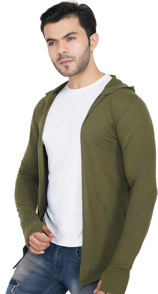  Trendolo Men Olive Green Hooded Thumbhole Open Long Cardigan  Shrug