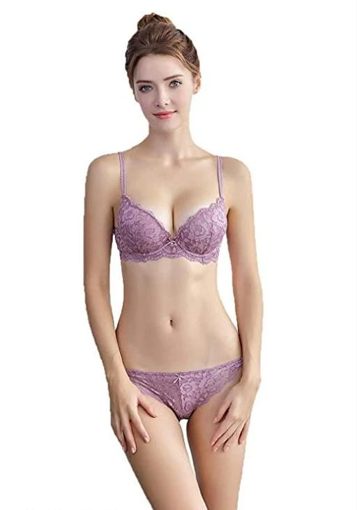 WOVIA Women's Bra Panty Set Lace Push Up Underwired Solid