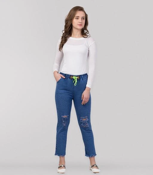 Knee Slit Blue Jogger Jeans for Women & Girls