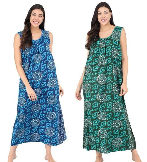 Checkout this latest Nightdress
Product Name: *Shararat Women's Sleeveless Cotton Floral Maxi/Nighty/Night dress|Nightwear for Womens Combo of 2*
Fabric: Cotton
Sleeve Length: Sleeveless
Pattern: Printed
Net Quantity (N): 2
Add ons: Top
Sizes:
M, L, XL, Free Size (Bust Size: 44 in, Length Size: 53 in) 
Shararat new range of nightwear will perfectly complement your sense of style.Cotton nightwear is the most popular choice for nightwear among-st people of all generations. Not only is the cotton fabric breathable, but it is also extremely durable. A cotton nightwear is the best choice for you as it is non-allergenic and allows the skin to breathe.
Country of Origin: India
Easy Returns Available In Case Of Any Issue


SKU: SLEEVELESS_ROUND_BL+GR(2) 
Supplier Name: Shubharambh Ventures

Code: 966-33205700-9971

Catalog Name: Aradhya Alluring Women Nightdresses
CatalogID_7960445
M04-C10-SC1044