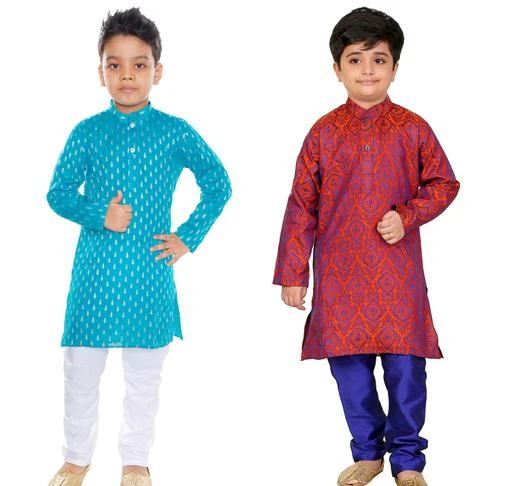 Checkout this latest Kurta Sets
Product Name: *Funky Kids Boys Kurta Sets*
Top Fabric: Cotton Blend
Bottom Fabric: Cotton Silk
Sleeve Length: Long Sleeves
Bottom Type: pyjamas
Top Pattern: Embellished
Net Quantity (N): 2
Make your boy look like prince by buying him this Kurta Pajama set from Vesh. Made from fine quality Cotton fabric, this boys ethnic wear set comprises Kurta & pajama set. The kurta has nehru collar that makes your boy look all the more stylish and give him perfect traditional look. The fit is regular for boys and comfortable for kids. This boys ethnic dress is ideal for the special parties, functions, festival, wedding and other occasion. Club it with a pair of mojaris for perfect traditional look.
Sizes: 
2-3 Years (Chest Size: 24 in, Top Bust Size: 24 in, Top Length Size: 20 in, Bottom Waist Size: 22 in, Bottom Length Size: 20 in) 
3-4 Years (Chest Size: 25 in, Top Bust Size: 25 in, Top Length Size: 22 in, Bottom Waist Size: 22 in, Bottom Length Size: 21 in) 
4-5 Years (Chest Size: 26 in, Top Bust Size: 26 in, Top Length Size: 24 in, Bottom Waist Size: 22 in, Bottom Length Size: 22 in) 
5-6 Years (Chest Size: 27 in, Top Bust Size: 27 in, Top Length Size: 26 in, Bottom Waist Size: 23 in, Bottom Length Size: 23 in) 
6-7 Years (Chest Size: 28 in, Top Bust Size: 28 in, Top Length Size: 28 in, Bottom Waist Size: 24 in, Bottom Length Size: 24 in) 
7-8 Years (Chest Size: 30 in, Top Bust Size: 30 in, Top Length Size: 30 in, Bottom Waist Size: 26 in, Bottom Length Size: 26 in) 
Country of Origin: India
Easy Returns Available In Case Of Any Issue


SKU: VEKP05_VEKP042
Supplier Name: sakshi.creations

Code: 184-34219948-999

Catalog Name: Flawsome Funky Kids Boys Kurta Sets
CatalogID_8208598
M10-C32-SC1170