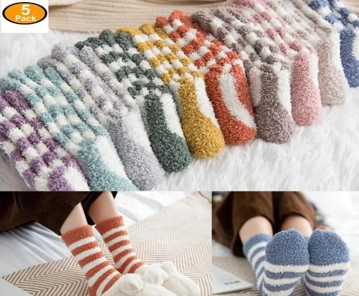 PinKit 5 Pairs Soft & Cozy Ladies Women Girls Fuzzy Socks Winter Warm  Feather Slipper Bed Socks (Without Thumb Socks) (Pack of Five Pairs) - Any  5 Coloured Socks