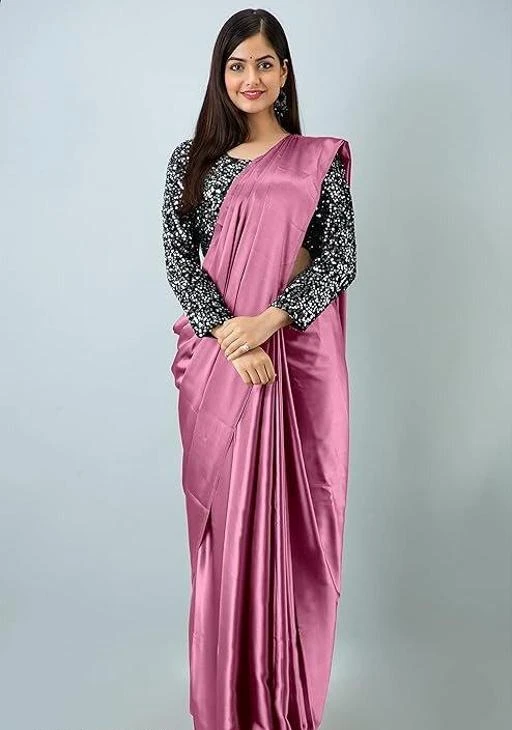 Lilac Satin Silk Saree With Black Unstitched Satin Silk Blouse