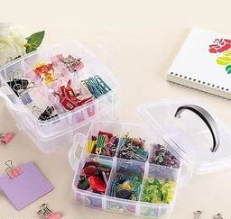 Craft Organizer Box - 3-Layer Stackable Craft Storage Organizer Case, Plastic Craft Supplies Organizer with Adjustable Compartments for Accessories, A