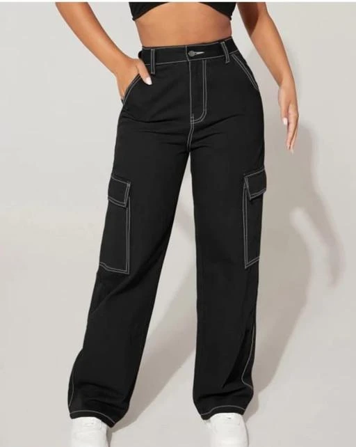  Baggy Jeanswomen High Waist Cargo Black Jeans 6 Pocket Wide Leg  Denim