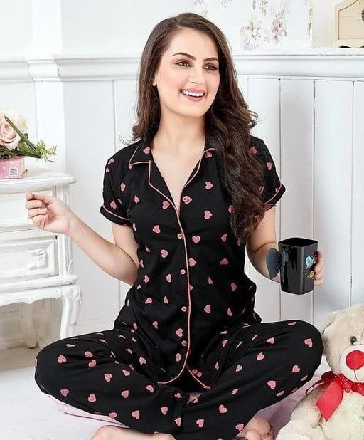 Checkout this latest Nightsuits
Product Name: *RAYON BEAUTIFUL PRINNTED NIGHT SUIT FOR WOMEN'S AND GIRLS*
Top Fabric: Rayon
Bottom Fabric: Rayon
Top Type: Shirt
Bottom Type: Pyjamas
Sleeve Length: Three-Quarter Sleeves
Pattern: Printed
Net Quantity (N): 1
Sizes:
M (Top Bust Size: 38 in, Top Length Size: 30 in, Bottom Waist Size: 28 in, Bottom Hip Size: 42 in, Bottom Length Size: 38 in) 
L (Top Bust Size: 40 in, Top Length Size: 30 in, Bottom Waist Size: 29 in, Bottom Hip Size: 44 in, Bottom Length Size: 38 in) 
XL (Top Bust Size: 42 in, Top Length Size: 30 in, Bottom Waist Size: 30 in, Bottom Hip Size: 46 in, Bottom Length Size: 38 in) 
XXL (Top Bust Size: 44 in, Top Length Size: 30 in, Bottom Waist Size: 31 in, Bottom Hip Size: 48 in, Bottom Length Size: 38 in) 
(1)FABRIC CARE-HAND WASH WITH CARE (2)FABRIC-RAYON  (3)LENGTH-TOP-31,PALAZZZO-38 (4)WORK-PRINTED
Country of Origin: India
Easy Returns Available In Case Of Any Issue


SKU: SKE20011_BLACK PRINTED HEART NIGHT SUIT
Supplier Name: Trisky

Code: 064-36220704-996

Catalog Name: Divine Alluring Women Nightsuits
CatalogID_8685800
M04-C10-SC1045