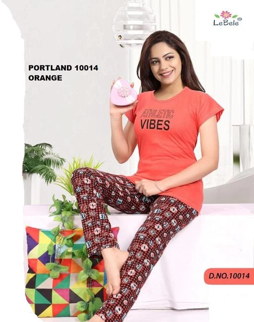 Checkout this latest Nightsuits
Product Name: *RIB COTTON TOP AND BOTTOM NIGHT SUITS*
Top Fabric: Cotton
Bottom Fabric: Cotton
Top Type: Tshirt
Bottom Type: Pyjamas
Sleeve Length: Short Sleeves
Pattern: Printed
Net Quantity (N): 1
Sizes:
L (Top Bust Size: 36 in, Top Length Size: 28 in, Bottom Waist Size: 30 in, Bottom Length Size: 39 in) 
WOMENS RIB COTTON TOP AND  BOTTOM NIGHT SUITS
Country of Origin: India
Easy Returns Available In Case Of Any Issue


SKU: PORTLAND 10014 ORANGE
Supplier Name: KRISHNVATIKA#

Code: 915-37071754-058

Catalog Name: Eva Alluring Women Nightsuits
CatalogID_8882341
M04-C10-SC1045