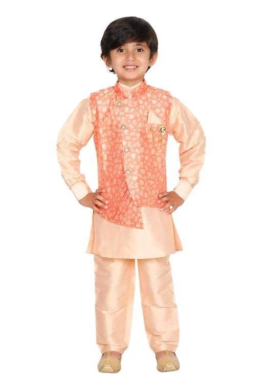 Checkout this latest Clothing Set
Product Name: *DKG Fashion Stylish kurta & Pyjama for Boys*
Top Fabric: Cotton Blend
Bottom Fabric: Cotton Blend
Sleeve Length: Long Sleeves
Top Pattern: Self Design
Bottom Pattern: Self Design
Net Quantity (N): Single
Add-Ons: Waistcoat
Sizes:
3-4 Years (Top Chest Size: 22.5 in, Bottom Waist Size: 10.5 in, Bottom Length Size: 19.5 in) 
5-6 Years (Top Chest Size: 23.5 in, Bottom Waist Size: 11.5 in, Bottom Length Size: 20.5 in) 
6-7 Years (Top Chest Size: 24 in, Bottom Waist Size: 12 in, Bottom Length Size: 21 in) 
8-9 Years (Top Chest Size: 25 in, Bottom Waist Size: 13 in, Bottom Length Size: 22 in) 
9-10 Years (Top Chest Size: 25.5 in, Bottom Waist Size: 13.5 in, Bottom Length Size: 22.5 in) 
DKG Retails presents Stylish Kurta & Pyjama for boys to look Awesome and Stylish. You could pair it with  Nehru jacket, Modi Jacket or Stylish jacket to complete the look. 
Country of Origin: India
Easy Returns Available In Case Of Any Issue


SKU: DE002-20PEACH
Supplier Name: DKG Retails

Code: 269-37469450-9991

Catalog Name: Modern Elegant Boys Top & Bottom Sets
CatalogID_8975044
M10-C32-SC1182