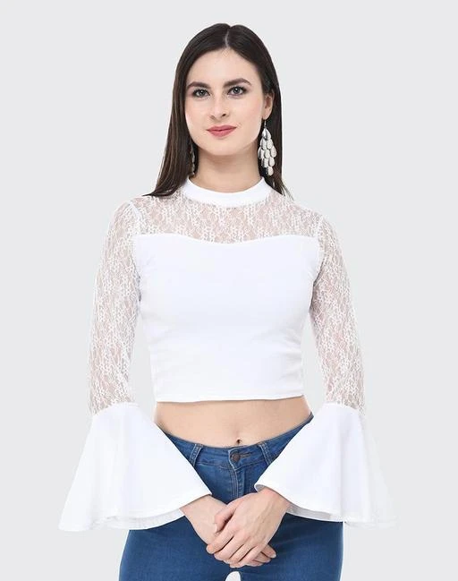 Checkout this latest Tops & Tunics
Product Name: *Dimpy Garments Women's White Flared Fashion Sleeve Carrera Lace Top*
Fabric: Cotton Blend
Sleeve Length: Long Sleeves
Pattern: Solid
Net Quantity (N): 1
Sizes:
S (Bust Size: 34 in) 
M (Bust Size: 36 in) 
L (Bust Size: 38 in) 
This lace top is a pure stunner and makes an everlasting statement whenever you wear it. Made of super quality Carrera fabric. This net detailed dress is something different but will definitely be noticed! Size Chart In Inches - Size : S 