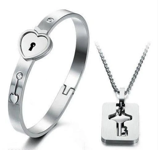 Titanium Key Necklace And Lock Bracelet Couple Set