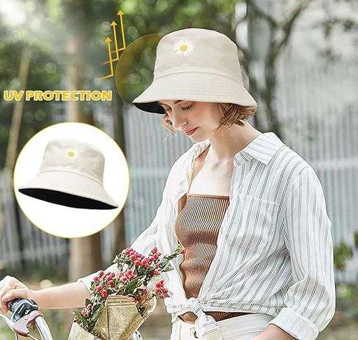  Unisex Flower Embroidery Reversible Bucket Hat Foldable Cotton  Summer