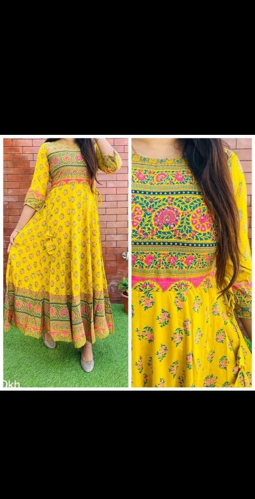 Checkout this latest Kurtis
Product Name: *Women's Printed Anarkali Kurti In Pure Soft Rayon Fabric*
Fabric: Rayon
Sleeve Length: Three-Quarter Sleeves
Pattern: Printed
Combo of: Single
Sizes:
S, M (Bust Size: 38 in, Size Length: 52 in) 
L (Bust Size: 40 in, Size Length: 52 in) 
XL (Bust Size: 42 in, Size Length: 52 in) 
XXL (Bust Size: 44 in, Size Length: 52 in) 
impress everyone with your stunning traditional look by wearing this beautiful rayon anarkali kurta dress from the  house of AD Shop Yellow floral printing over the kurta which speak language as of elegance & flinty, using the finest  quality fabrics and is trendy fashionable as well as comfortable. This anarkali calf length kurta dress for women is  light in weight and will be soft for your skin. This women's anarkali calf length kurta dress a has a soothing  colour and will lend you a fresh look this season. Material: 100% rayon In box: 2 women Yellow anarkali kurta dress,  Occasion: casual & party wear, sleeves: 3/4 sleeves style: anarkali type color: Yellow sizes: S-Small , M-medium,L- large, X-large, XX-large {in inches}. This anrakali kurta can be wear as: anarkali dress,  casual printed anarkali kurta, latest anarkali kurta, soft rayon anarkali kurta for women.
Country of Origin: India
Easy Returns Available In Case Of Any Issue


SKU: L01
Supplier Name: AD SHOP

Code: 353-41091995-999

Catalog Name: Aishani Attractive Kurtis
CatalogID_9877643
M03-C03-SC1001