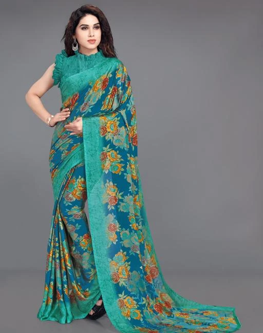 Turquoise Print Floral Sari Fabric