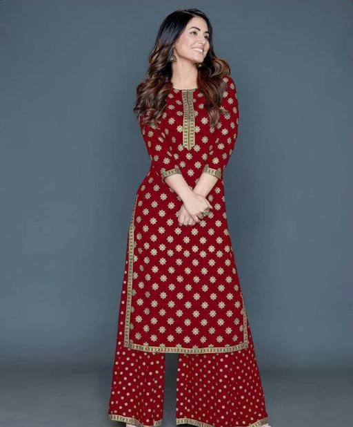 Checkout this latest Kurta Sets
Product Name: *Hina Khan Rayon Printed Kurta and Palazzo Set (Red)*
Top Fabric: Rayon
Bottom Fabric: Rayon
Scarf Fabric: No Scarf
Sleeve Length: Three-Quarter Sleeves
Bottom Type: Straight Pajama
Stitch Type: Stitched
Pattern: Printed
Sizes:
S, M (Top Length Size: 47 in, Bottom Waist Size: 28 in, Bottom Length Size: 42 in) 
L, XL, XXL, XXXL
KGN 121 explores the collection of beautifully designed Kurti with Plazzo Set. Each piece is elegantly crafted and will surely add to your wardrobe.
Country of Origin: India
Easy Returns Available In Case Of Any Issue


SKU: 1835450688
Supplier Name: KGN 121

Code: 163-42396983-9911

Catalog Name: unique women kurta sets
CatalogID_10249948
M06-C18-SC1201