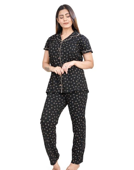 Checkout this latest Nightsuits
Product Name: *A S R DAISY Women's Cotton Night Suit Black*
Top Fabric: Hosiery
Bottom Fabric: Hosiery
Top Type: Shirt
Bottom Type: Pyjamas
Sleeve Length: Short Sleeves
Pattern: Printed
Multipack: 1
Sizes:
M (Top Bust Size: 40 in, Top Length Size: 27 in, Bottom Waist Size: 42 in, Bottom Hip Size: 42 in, Bottom Length Size: 38 in) 
Country of Origin: India
Easy Returns Available In Case Of Any Issue


Catalog Rating: ★4.3 (71)

Catalog Name: Trendy Attractive Women Nightsuits
CatalogID_10255440
C76-SC1045
Code: 216-42415911-0061
