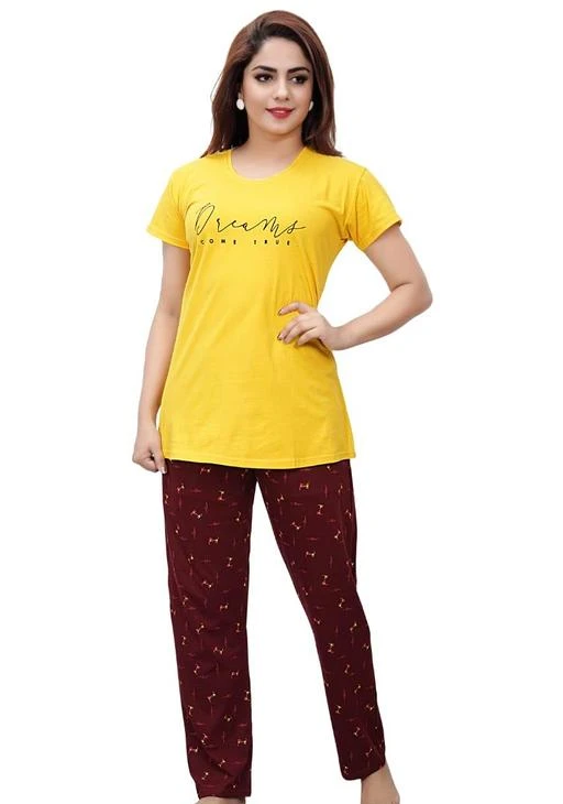 Checkout this latest Nightsuits
Product Name: *A S R DAISY Women's Cotton Night Suit Yellow Top & Maroon Printed Pajama*
Top Fabric: Hosiery
Bottom Fabric: Hosiery
Top Type: Tshirt
Bottom Type: Pyjamas
Sleeve Length: Short Sleeves
Pattern: Printed
Multipack: 1
Sizes:
XXL (Top Bust Size: 23 in, Top Length Size: 31 in, Bottom Waist Size: 23 in, Bottom Hip Size: 23 in, Bottom Length Size: 40 in) 
Country of Origin: India
Easy Returns Available In Case Of Any Issue


Catalog Rating: ★4.3 (93)

Catalog Name: Divine Adorable Women Nightsuits
CatalogID_10332840
C76-SC1045
Code: 584-42691799-0041