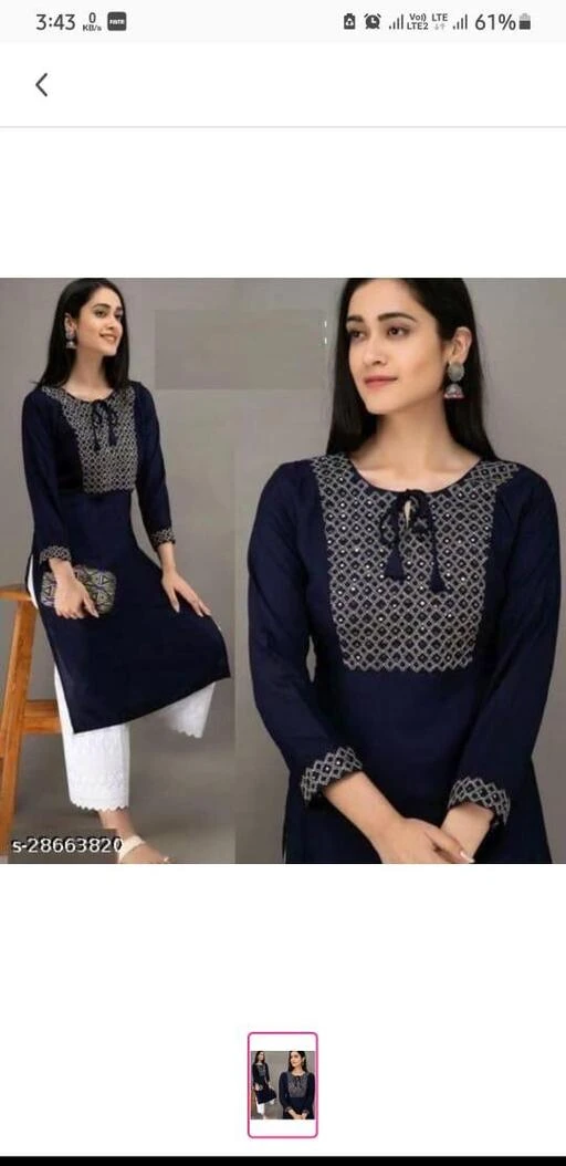 Checkout this latest Kurtis
Product Name: *Adrika Attractive Kurtis*
Fabric: Rayon
Sleeve Length: Three-Quarter Sleeves
Pattern: Solid
Combo of: Single
Sizes:
M (Bust Size: 38 in, Size Length: 44 in) 
L (Bust Size: 40 in, Size Length: 44 in) 
XL (Bust Size: 42 in, Size Length: 44 in) 
XXL (Bust Size: 44 in, Size Length: 44 in) 
