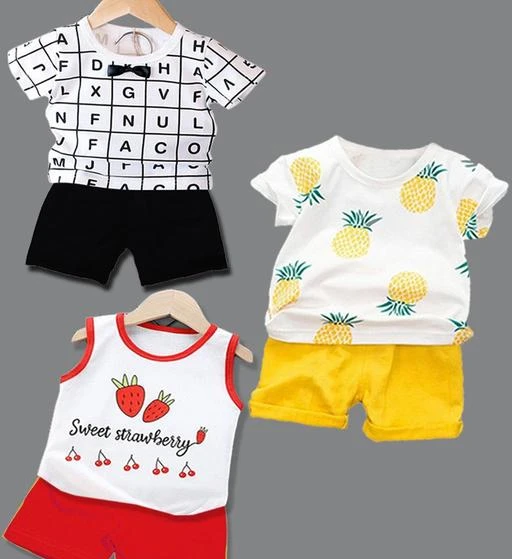 Checkout this latest Clothing Set
Product Name: *Stylish Kids Clothing Set Pack Of 3*
Top Fabric: Cotton
Bottom Fabric: Cotton
Sleeve Length: Short Sleeves
Top Pattern: Printed
Bottom Pattern: Printed
Net Quantity (N): Pack Of 3
Add-Ons: Top/Tshirt
Sizes:
0-6 Months (Top Chest Size: 9.5 in, Top Length Size: 13 in, Bottom Waist Size: 14 in, Bottom Length Size: 9 in) 
6-12 Months (Top Chest Size: 9.5 in, Top Length Size: 13 in, Bottom Waist Size: 14 in, Bottom Length Size: 9 in) 
1-2 Years (Top Chest Size: 10.5 in, Top Length Size: 14 in, Bottom Waist Size: 15 in, Bottom Length Size: 9 in) 
2-3 Years (Top Chest Size: 11 in, Top Length Size: 15 in, Bottom Waist Size: 16 in, Bottom Length Size: 9.5 in) 
3-4 Years (Top Chest Size: 11.5 in, Top Length Size: 16 in, Bottom Waist Size: 17 in, Bottom Length Size: 9.5 in) 
4-5 Years (Top Chest Size: 12 in, Top Length Size: 16.5 in, Bottom Waist Size: 18 in, Bottom Length Size: 10 in) 
Make your little Kids look pretty and adorable wearing this pack of Single coloured tops & tshirt set. While its trendy print will make her look stylish, the cotton material will ensure that she stays comfortable throughout the day. The stylish short sleeve tshirt and the round neckline make the set ideal for regular summer wear.
Country of Origin: India
Easy Returns Available In Case Of Any Issue


SKU: KDST11-KDST12-KDST14
Supplier Name: Olka Trend

Code: 786-43138311-9941

Catalog Name: Cutiepie Classy Boys Top & Bottom Sets
CatalogID_10462966
M10-C32-SC1182