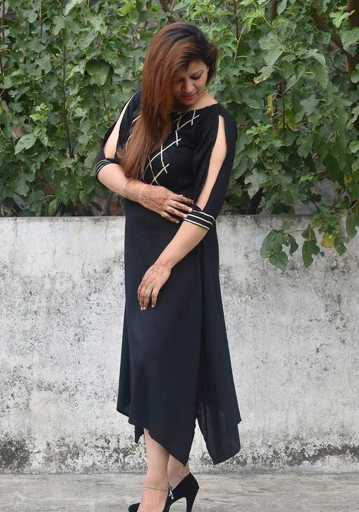 Hand Printed Rayon Black Kurti For Women Gift For Her Office Wear