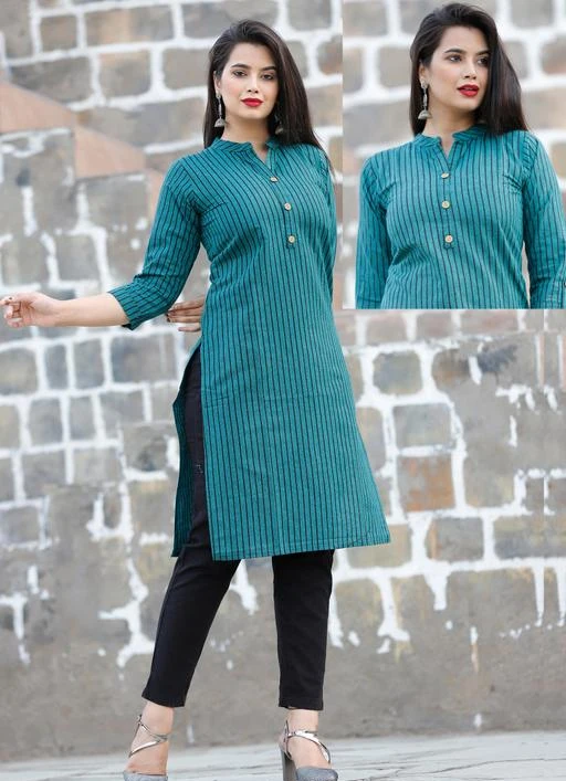 Checkout this latest Kurtis
Product Name: *Demanding Cotton Straight Black Stylish Striped Kurta for Women(Yarn Dyed)*
Fabric: Khadi Cotton
Sleeve Length: Three-Quarter Sleeves
Pattern: Striped
Combo of: Single
Sizes:
S, M (Bust Size: 38 in, Size Length: 42 in) 
L (Bust Size: 40 in, Size Length: 42 in) 
XXL (Bust Size: 44 in, Size Length: 42 in) 
XXXL
It has 1 piece of Stripes printed straight kurta made up of pure yarn dyed material. Kurti contains buttons,mandarin collar, roll up sleeved and straight hem. It is very comfortable for all seasons such as Winter, Summer, Spring etc.
Country of Origin: India
Easy Returns Available In Case Of Any Issue


SKU: FF135:-BottleGreen
Supplier Name: KRISHNA TRADERS_JAIPUR

Code: 582-44174407-999

Catalog Name: Charvi Pretty Kurtis
CatalogID_10763073
M03-C03-SC1001