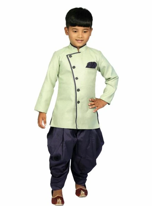 Checkout this latest Sherwanis
Product Name: *Flawsome Classy Kids Boys Sherwanis*
Pattern: Self-Design
Net Quantity (N): 1
BBS CREATION  presents this evergreen black jute feel angrakha style indowestern kurta with a cowl cut patiala style multi layered dhoti style pant set. It is very light weight and attractive. Your little boy is sure to attract eyes in this indowestern set. Get him ready to hear compliments such as hero, handsome, cute, smarty, dashing, dapper! Suitable for: Party, Weddings, Regular Wear, Celebrations, Occasions, Festivals, Lohri, Pongal, Makar Sakranti, Baisakhi, Holi, Eid, Raksha Bandhan, Dussehra, Diwali, Navratri, Pooja, Christmas, Onam, Ganesh Chaturthi, Janmasthmi and Gifting. Slip on to a Jutti or Mojari to complete the look.
Sizes: 
6-12 Months (Chest Size: 22 in, Top Length Size: 16 in, Bottom Waist Size: 21 in) 
12-18 Months (Chest Size: 23 in, Top Length Size: 17 in, Bottom Waist Size: 22 in) 
18-24 Months (Chest Size: 24 in, Top Length Size: 18 in, Bottom Waist Size: 23 in) 
1-2 Years, 2-3 Years (Chest Size: 25 in, Top Length Size: 19 in, Bottom Waist Size: 24 in) 
3-4 Years (Chest Size: 26 in, Top Length Size: 20 in, Bottom Waist Size: 25 in) 
4-5 Years (Chest Size: 27 in, Top Length Size: 21 in, Bottom Waist Size: 26 in) 
5-6 Years (Chest Size: 28 in, Top Length Size: 22 in, Bottom Waist Size: 27 in) 
6-7 Years (Chest Size: 29 in, Top Length Size: 23 in, Bottom Waist Size: 28 in) 
7-8 Years (Chest Size: 30 in, Top Length Size: 24 in, Bottom Waist Size: 29 in) 
8-9 Years (Chest Size: 31 in, Top Length Size: 25 in, Bottom Waist Size: 30 in) 
9-10 Years (Chest Size: 31 in, Top Length Size: 25 in, Bottom Waist Size: 30 in) 
10-11 Years (Chest Size: 32 in, Top Length Size: 26 in, Bottom Waist Size: 31 in) 
12-13 Years
Country of Origin: India
Easy Returns Available In Case Of Any Issue


SKU: BBS 04GRNNV
Supplier Name: B.B.S. Creation

Code: 695-44362661-999

Catalog Name: Modern Stylus Kids Boys Sherwanis
CatalogID_10817056
M10-C32-SC1172