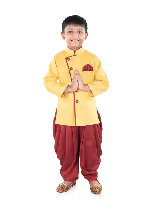Checkout this latest Sherwanis
Product Name: *Princess Trendy Kids Boys Sherwanis*
Pattern: Self-Design
Net Quantity (N): 3
to complete the look. BBS CREATION  presents this evergreen yellow jute feel angrakha style indowestern kurta with a cowl cut patiala style multi layered dhoti style pant set. It is very light weight and attractive. Your little boy is sure to attract eyes in this indowestern set. Get him ready to hear compliments such as hero, handsome, cute, smarty, dashing, dapper! Suitable for: Party, Weddings, Regular Wear, Celebrations, Occasions, Festivals, Lohri, Pongal, Makar Sakranti, Baisakhi, Holi, Eid, Raksha Bandhan, Dussehra, Diwali, Navratri, Pooja, Christmas, Onam, Ganesh Chaturthi, Janmasthmi and Gifting. Slip on to a Jutti or Mojari
Sizes: 
6-12 Months (Chest Size: 22 in, Top Length Size: 16 in) 
9-12 Months, 12-18 Months (Chest Size: 23 in, Top Length Size: 17 in) 
18-24 Months (Chest Size: 24 in, Top Length Size: 18 in) 
0-1 Years, 1-2 Years, 2-3 Years (Chest Size: 25 in, Top Length Size: 19 in) 
3-4 Years (Chest Size: 26 in, Top Length Size: 20 in) 
4-5 Years (Chest Size: 27 in, Top Length Size: 21 in) 
5-6 Years (Chest Size: 28 in, Top Length Size: 22 in) 
6-7 Years (Chest Size: 29 in, Top Length Size: 23 in) 
7-8 Years (Chest Size: 30 in, Top Length Size: 24 in) 
8-9 Years (Chest Size: 31 in, Top Length Size: 25 in) 
9-10 Years (Chest Size: 31 in, Top Length Size: 25 in) 
10-11 Years (Chest Size: 32 in, Top Length Size: 26 in) 
11-12 Years, 12-13 Years
Country of Origin: India
Easy Returns Available In Case Of Any Issue


SKU: BBS09YWM
Supplier Name: B.B.S. Creation

Code: 395-44413713-999

Catalog Name: Flawsome Comfy Kids Boys Sherwanis
CatalogID_10831024
M10-C32-SC1172