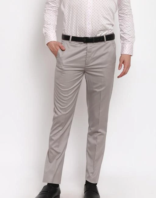 Mens Grey Polyester Solid Flat Front Formal Trousers