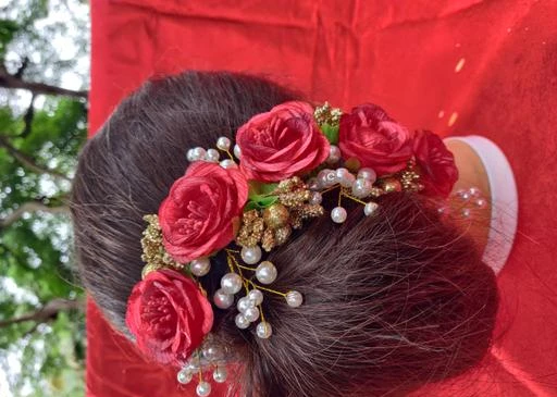  - Shetu Artificial Flower Hair Gajara Hair Brooch Red / Classic  Women