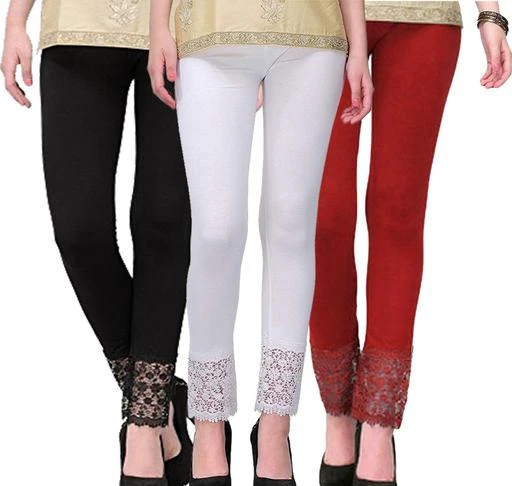 Checkout this latest Leggings
Product Name: * Women’s Viscose Lycra Slim fit Bottom Lace Leggings Combo Pack of 3 (Black,White,Maroon,FreeSize)*
Fabric: Viscose Lycra
Pattern: Solid
Net Quantity (N): 3
FABLAB Lace Leggings are Slimfit women's Ankle Length Leggings with Elastisized Waist Band.Blended with best quality fabric, innovative design & perfect tailoring these Leggings are worth your every penny.These slimfit Leggings are made-up of good quality material, well designed & tailored to ensures highest level of comfort as casual, formal or party wear.If you are vogue lover & looking for adding more stuff in your collection, then this Leggings is an ideal pick.In nutshell, it’s a perfect blend of Style, Fashion & Comfort.
Sizes: 
Free Size (Waist Size: 34 in, Length Size: 37 in, Hip Size: 36 in) 
Country of Origin: India
Easy Returns Available In Case Of Any Issue


SKU: LACELEGGI-3-B,W,M
Supplier Name: Fab11

Code: 954-46047868-7941

Catalog Name: Casual Trendy Women Leggings
CatalogID_11307392
M04-C08-SC1035