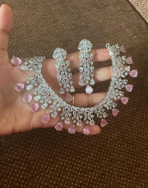 Light Pink Faux Diamond High Quality Necklace Set Indian 