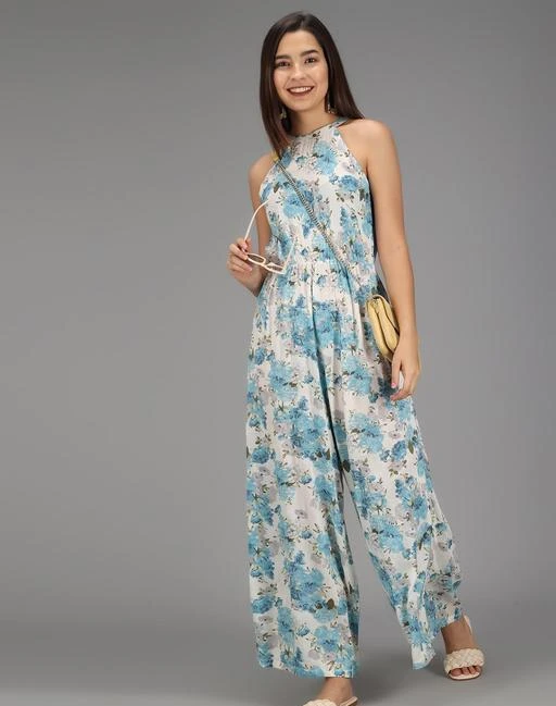 Checkout this latest Jumpsuits
Product Name: *Trislin Women's Rayon Stylish Western Jumpsuits*
Fabric: Rayon
Sleeve Length: Sleeveless
Pattern: Printed
Net Quantity (N): 1
Sizes: 
XS, S (Bust Size: 34 in, Length Size: 55 in, Waist Size: 26 in, Hip Size: 37 in) 
M (Bust Size: 36 in, Length Size: 55 in, Waist Size: 28 in, Hip Size: 38 in) 
L (Bust Size: 38 in, Length Size: 56 in, Waist Size: 30 in, Hip Size: 40 in) 
XL (Bust Size: 40 in, Length Size: 56 in, Waist Size: 32 in, Hip Size: 42 in) 
Fit Type: Regular, Style: Casual | Pattern: Floral | Neck: Halter Neck | Sleeves: Sleeveless | Collar   Style: Round Collar Fabric: Breathable & Light Weight Rayon Fabric High Moisture Wicking Capability, Suitable for Summer Soft, Smooth, Long Lasting & Durable Fabric. Size Guide: S, M, L, Xl, Size 