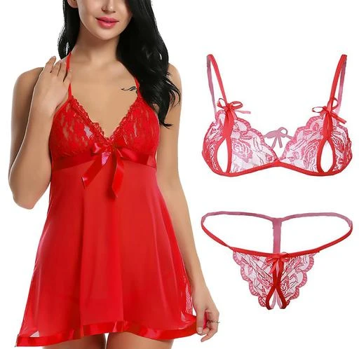 Women Babydoll Nightwear Lace Bra Panty Lingerie Set