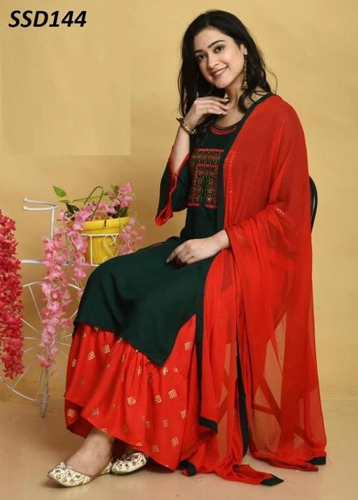 Fcity In Fancy Green And Red Palazzo Set Casual Party Wear Dupatta Set