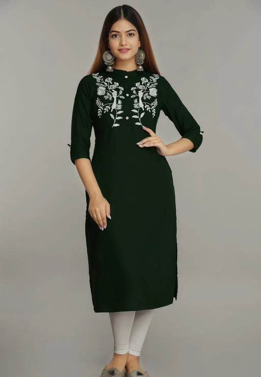 Checkout this latest Kurtis
Product Name: *Banita Attractive Kurtis*
Fabric: Rayon
Sleeve Length: Three-Quarter Sleeves
Pattern: Embroidered
Combo of: Single
Sizes:
S (Bust Size: 36 in, Size Length: 47 in) 
M (Bust Size: 38 in, Size Length: 47 in) 
L (Bust Size: 40 in, Size Length: 47 in) 
XL (Bust Size: 42 in, Size Length: 47 in) 
XXL (Bust Size: 44 in, Size Length: 47 in) 
This Beautiful Combination Of Kurta With Eye Relieving Light Colours Is Perfect Wear For Women From The Brand DESI ART .This Fabric Offers Lightweight Feel And Superior Comfort.This Kurta Is Comfortable To Wear All Day Long.This Set Is A Stylish Option For A Nice Family Function Or An Event When Teamed With Matching Jewellery And Classic Flats.
Country of Origin: India
Easy Returns Available In Case Of Any Issue


SKU: DA-00077DA DARK GREEN
Supplier Name: DESI ART

Code: 483-48162642-9941

Catalog Name: Jivika Refined Kurtis
CatalogID_11944486
M03-C03-SC1001