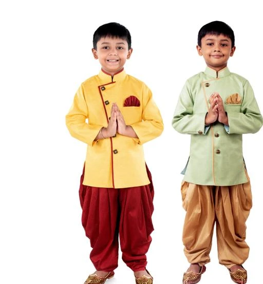 Checkout this latest Sherwanis
Product Name: *Agile Classy Kids Boys Sherwanis*
Pattern: Self-Design
Net Quantity (N): 1
BBS CREATION  presents this combo pack yellow and green jute feel angrakha style indowestern kurta with a cowl cut patiala style multi layered dhoti style pant set. It is inspired by the tradional jodhpuri bandhgala look. The set has many extraordinary details, the kurta is in a jacket style with a fitted look to give your boy a smart sleek swag look. It is a perfect outfit for any festival, wedding or a celebration. The set makes you look slimmer and taller. It is very light weight and attractive. Your little boy is sure to attract eyes in this indowestern set. Get him ready to hear compliments such as hero, handsome, cute, smarty, dashing, dapper! Suitable for: Party, Weddings, Regular Wear, Celebrations, Occasions, Festivals, Lohri, Pongal, Makar Sakranti, Baisakhi, Holi, Eid, Raksha Bandhan, Dussehra, Diwali, Navratri, Pooja, Christmas, Onam, Ganesh Chaturthi, Janmasthmi and Gifting. Slip on to a Jutti or Mojari to complete the look.
Sizes: 
6-12 Months (Chest Size: 22 in, Top Length Size: 16 in) 
9-12 Months, 12-18 Months (Chest Size: 23 in, Top Length Size: 17 in) 
18-24 Months (Chest Size: 24 in, Top Length Size: 18 in) 
0-1 Years, 1-2 Years, 2-3 Years (Chest Size: 25 in, Top Length Size: 19 in) 
3-4 Years (Chest Size: 26 in, Top Length Size: 20 in) 
4-5 Years (Chest Size: 27 in, Top Length Size: 21 in) 
5-6 Years (Chest Size: 28 in, Top Length Size: 22 in) 
6-7 Years (Chest Size: 29 in, Top Length Size: 23 in) 
7-8 Years (Chest Size: 30 in, Top Length Size: 24 in) 
8-9 Years (Chest Size: 31 in, Top Length Size: 25 in) 
9-10 Years (Chest Size: 31 in, Top Length Size: 25 in) 
10-11 Years (Chest Size: 32 in, Top Length Size: 26 in) 
11-12 Years
Country of Origin: India
Easy Returns Available In Case Of Any Issue


SKU: BBS23YMGR
Supplier Name: B.B.S. Creation

Code: 077-48265492-8992

Catalog Name: Pretty Stylus Kids Boys Sherwanis
CatalogID_11975531
M10-C32-SC1172