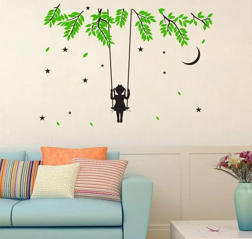  - Wall Attraction Green Branch And Hanging Boy Wall Stickers And  Mural