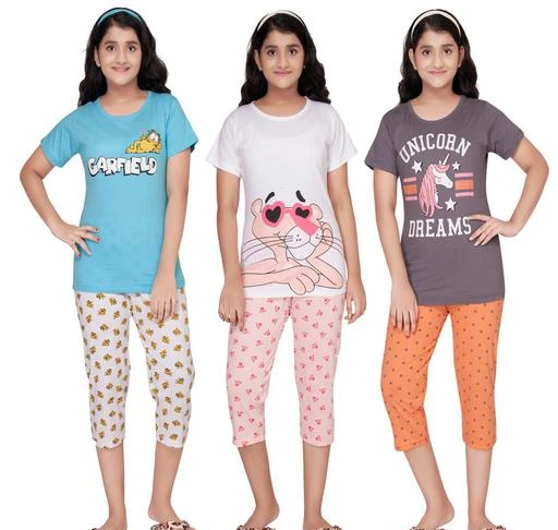 Checkout this latest Nightsuits
Product Name: *Tee Weavers Girls Nightwear Tshirt with Capri Combo Of 3 Sets *
Top Fabric: Cotton
Bottom Fabric: Cotton
Top Type: T-shirt
Bottom Type: Capri
Sleeve Length: Short Sleeves
Top Pattern: Printed
Net Quantity (N): 3
Best Quality Product from Tee Weavers.This product is made from cotton and finished in a attractive set of colors.Its made up of High Quality cotton Material.
Sizes: 
4-5 Years, 5-6 Years, 6-7 Years, 7-8 Years, 8-9 Years, 9-10 Years, 10-11 Years, 11-12 Years, 12-13 Years, 13-14 Years, 14-15 Years, 15-16 Years
Country of Origin: India
Easy Returns Available In Case Of Any Issue


SKU: Mer-908-C3
Supplier Name: Tee Weavers

Code: 9101-48438337-9921

Catalog Name: Cute Comfy Kids Girls Nightsuits
CatalogID_12027766
M10-C32-SC1158