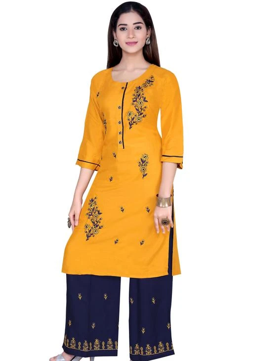 Checkout this latest Kurta Sets
Product Name: *Aagam Voguish Women Kurta Sets*
Kurta Fabric: Rayon
Bottomwear Fabric: Rayon
Fabric: No Dupatta
Sleeve Length: Three-Quarter Sleeves
Set Type: Kurta With Bottomwear
Bottom Type: Palazzos
Pattern: Embroidered
Net Quantity (N): Single
Sizes:
S (Bust Size: 36 in, Shoulder Size: 14 in, Bottom Waist Size: 26 in) 
M (Bust Size: 38 in, Shoulder Size: 14.5 in, Bottom Waist Size: 28 in) 
L (Bust Size: 40 in, Shoulder Size: 15 in, Bottom Waist Size: 30 in) 
XL (Bust Size: 42 in, Shoulder Size: 15.5 in, Bottom Waist Size: 32 in) 
XXL (Bust Size: 44 in, Shoulder Size: 16 in, Bottom Waist Size: 34 in) 
Printed,Embroidered multicolor party & festive kurta. Fabric Style: Digital Print in classic colours. Styling Tip: This A-Line Kurta can be worn to work as a casual wear kurta, daily wear kurta, festive wear kurta, party wear kurta outfit with leggings or accessorized as a festive outfit with flared palazzos or a skirt. Garment Fit: Garment is made with relaxed fit. Fabric Type: Garment is made of Rayon,Cotton , which is 100% natural fabric that is suitable for all weather. Wash Care: First Wash Dry Clean, thereafter Hand wash
Country of Origin: India
Easy Returns Available In Case Of Any Issue


SKU: 1017250024
Supplier Name: MUSKAN BAGS

Code: 255-48952435-9941

Catalog Name: Aagam Voguish Women Kurta Sets
CatalogID_12187191
M03-C04-SC1003