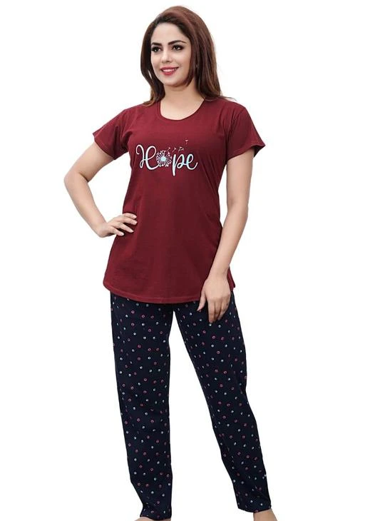 Checkout this latest Nightsuits
Product Name: *Trendy Adorable Women Nightsuits*
Top Fabric: Hosiery
Bottom Fabric: Hosiery
Top Type: Tshirt
Bottom Type: Pyjamas
Sleeve Length: Short Sleeves
Pattern: Printed
Net Quantity (N): 1
Sizes:
M (Top Bust Size: 18 in, Top Length Size: 27 in, Bottom Waist Size: 20 in, Bottom Hip Size: 42 in, Bottom Length Size: 38 in) 
L (Top Bust Size: 20 in, Top Length Size: 28 in, Bottom Waist Size: 24 in, Bottom Hip Size: 43 in, Bottom Length Size: 38 in) 
XXL (Top Bust Size: 24 in, Top Length Size: 31 in, Bottom Waist Size: 28 in, Bottom Hip Size: 52 in, Bottom Length Size: 39 in) 
A S R DAISY Hosiery cotton is a soft cotton  it's able to keep you cool in the summer and warm in winter it's a fine natural fiber that provides luxurious comfort it feels good to touch and lies nicely
Country of Origin: India
Easy Returns Available In Case Of Any Issue


SKU: DNPT10
Supplier Name: A S R SALES DAISY WEAR

Code: 155-48952665-0031

Catalog Name: Trendy Fashionable Women Nightsuits
CatalogID_12187281
M04-C10-SC1045