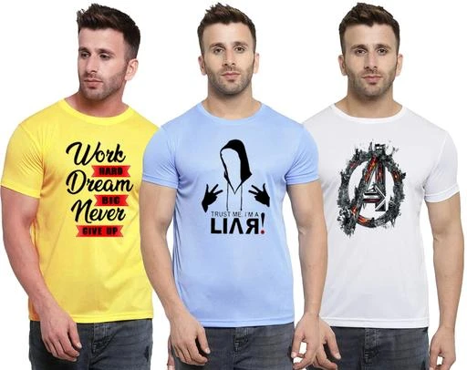 Checkout this latest Tshirts
Product Name: *Stylish Ravishing Men Tshirts*
Fabric: Polyester
Sleeve Length: Short Sleeves
Pattern: Printed
Net Quantity (N): 3
Sizes:
S (Chest Size: 36 in) 
M (Chest Size: 38 in) 
L (Chest Size: 40 in) 
XL (Chest Size: 42 in) 
Care Instructions: Machine Wash Fit Type: Slim Fit Fabric: 170 gsm Micro Polyester Pattern Type – Solid Neck Style: Round Neck Print and Styling: Fade Resistance Dye-Sublimation Print Fit Type - Slim Fit  HilGar is a Symbol of Fashion We Are The Manufacturer Of T Shirts Sweatshirt Lower Shorts & All Types Of Boy Men's Apparels. Give Unique Branded Summer Collection To Your Wardrobe Casuals Which Have Very Stylish. Available In Single & Combo Pack.  These Casual T-shirts Can Be Worn As A Daily Wear Night Dress Morning Walk, Running Jogging Sport Exercise And Workout In The Gym. Wash Care  Wash As You Wish. Machine Wash Hand Wash With Hot Cold Water. Comfortable With Iron. No Color Issue In Machine Wash.  Classic & Comfortable It Is A Classic Fit For Male and Female. Which Is Comfortable And Stylish With Ribbed Round Neck, Polo Neck, V Neck Collar Half & Full Sleeves & Sleeveless.  Design & Fabric Its Micro Polyester 160-170 Gsm Fabric Is Ultra-soft, Breathable And Lightweight.
Country of Origin: India
Easy Returns Available In Case Of Any Issue


SKU: GIVE_LIAR_AV
Supplier Name: S S ENTERPRISES

Code: 514-48987654-995

Catalog Name: Pack of 3 Comfy Modern Men Tshirts
CatalogID_12197427
M06-C14-SC1205